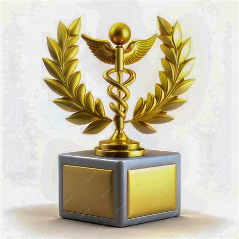 A trophy with a gold medal on it and a symbol of a medical service ...