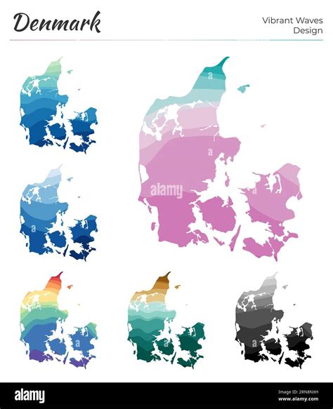 Set of vector maps of Denmark. Vibrant waves design. Bright map of the country in geometric ...