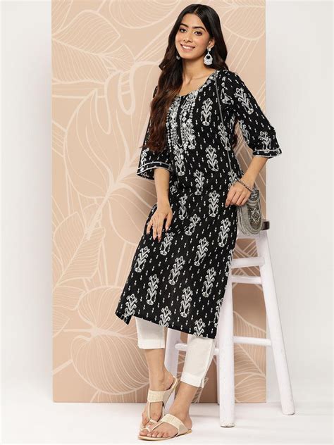 Buy Black Embellished Cotton Straight Kurta Online at Rs.689 | Libas