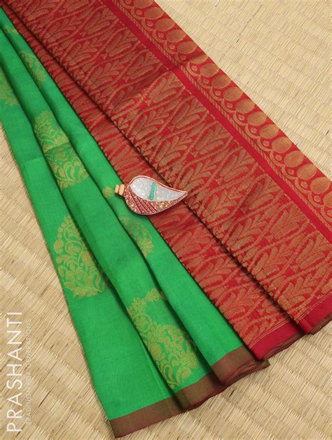 Silk cotton saree green and maroon with zari woven paisley buttas and ...