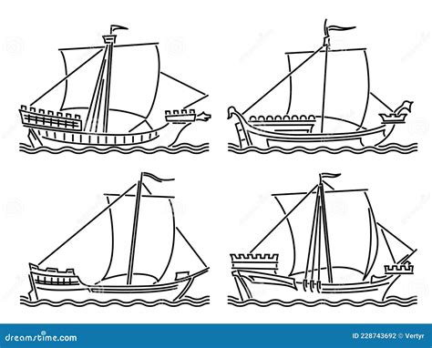 Set of Images of Medieval Merchant Ships with One Sail Drawn in Art ...
