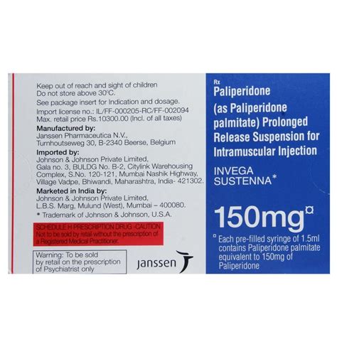 Invega Sustenna 150 mg Injection 1.5 ml Price, Uses, Side Effects ...