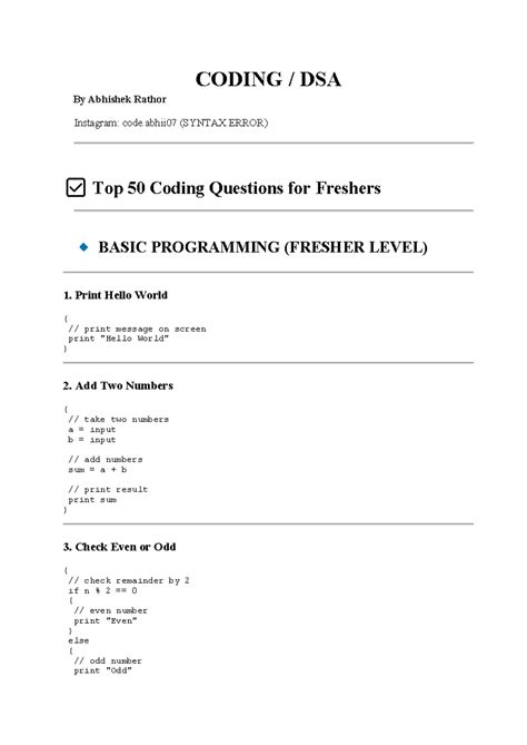Top 50 Coding Questions for Freshers (BASIC PROGRAMMING) - Studocu