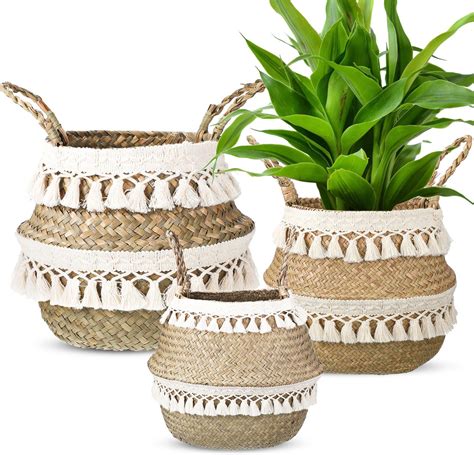 Amazon.com: Wesiti Set of 3 Boho Seagrass Belly Basket Woven Plant Pot ...