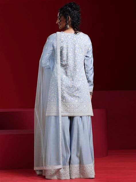 Buy Libas Art Grey Embroidered Silk Blend Straight Suit With Dupatta ...