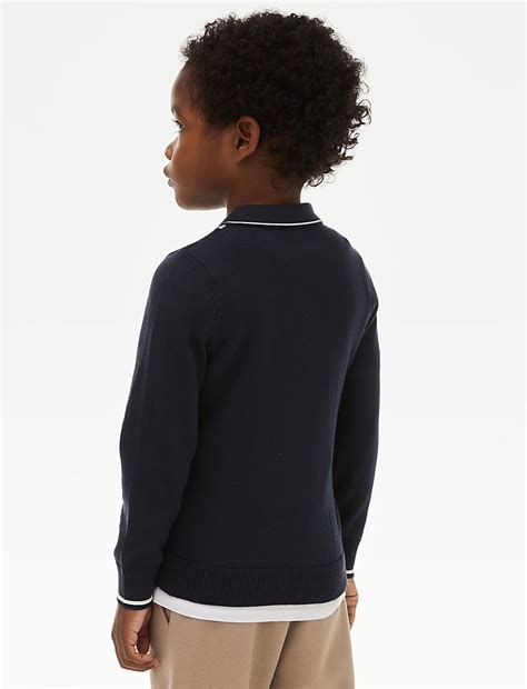 Buy Pure Cotton Striped Knitted Zip Polo Shirt (2-8 Yrs) at Marks & Spencer