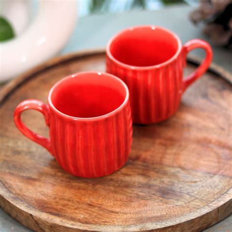 Handcrafted Ceramic Coffee Mug with Vibrant Red Textured Design Set of