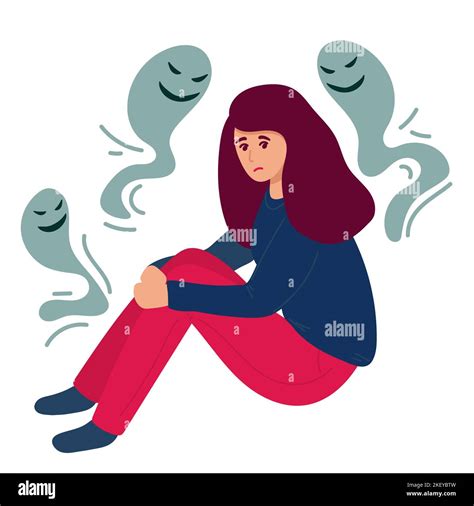 Mental Health Problem concept. Young woman surrounded by fears, negative emotions and bad ...