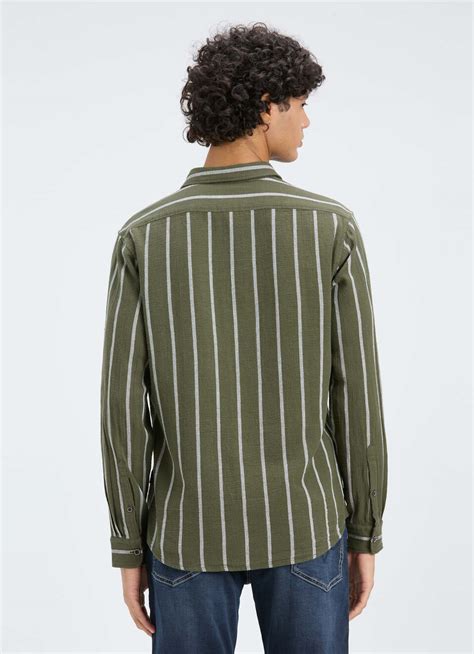 Men Olive Vertical Stripe Full Sleeve Shirt | Pepe Jeans India