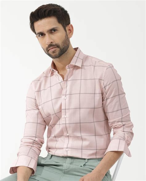 Rare Rabbit Men's Carrie Pastel Pink Cotton Checked Print Regular Fit