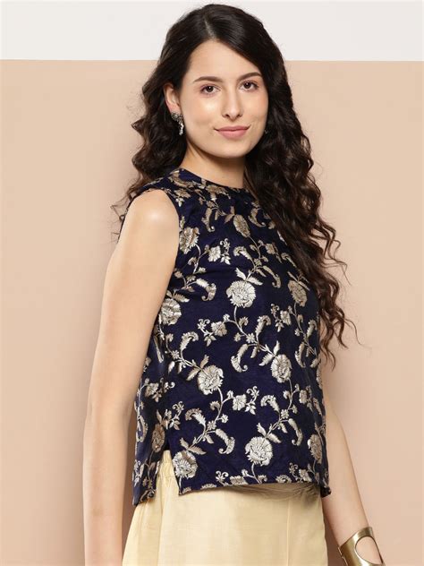 Navy Blue Brocade Halter Top