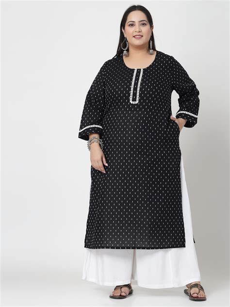 Women Plus Size Black Woven Design Kurta With Lace – Kashyap Global ...