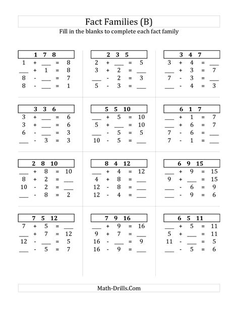 Fact Family Worksheet: Addition and Subtraction Sums to 10