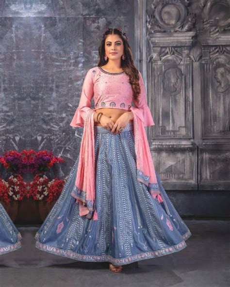 Pink and Gray Color Party Wear Crop Top with Maxi Skirt Set – fashionnaari