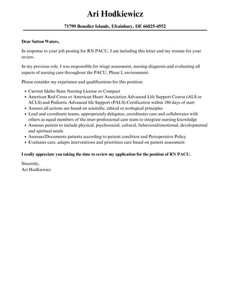 RN PACU Cover Letter | Velvet Jobs
