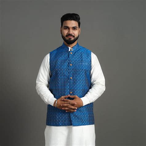 Buy Blue Silk Cotton Handwoven Pochampally Ikat Nehru Jacket – iTokri ...