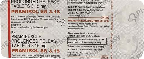 Pramirol Sr 3.15 MG Tablet (10): Uses, Side Effects, Price & Dosage ...