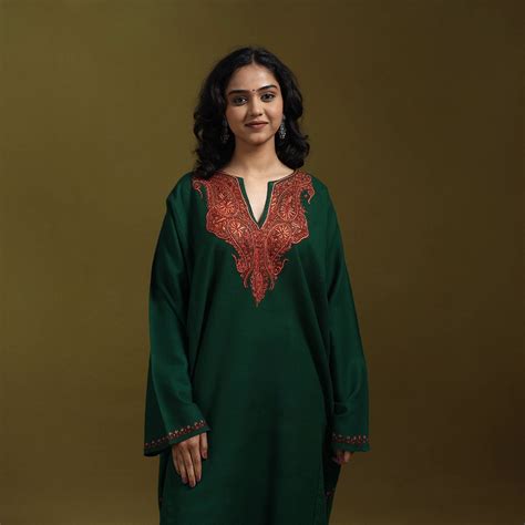 Green Sozni Hand Embroidered Kashmiri Merino Wool Pheran