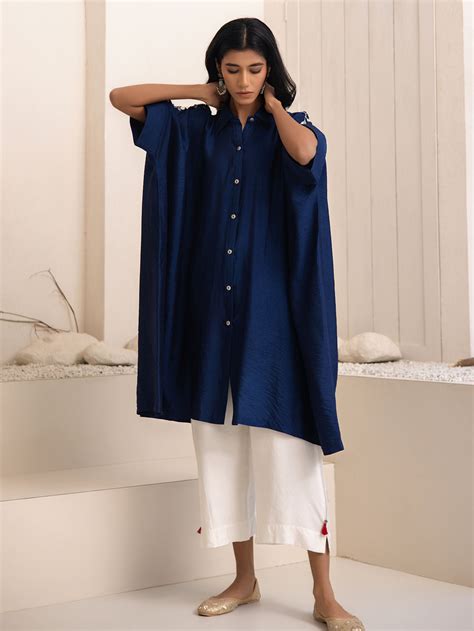 Navy Blue Lace Work Dola Silk Kurta with Pants - Set of 2