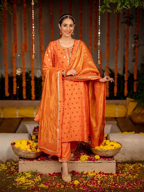 Fanta Orange Banarasi Silk Round Neck Complete Suit Set For Women's – Vari