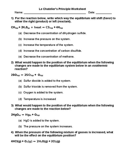 Vibhav Chauhan - Le Chatelier’s Principle Worksheet - Student - Le ...
