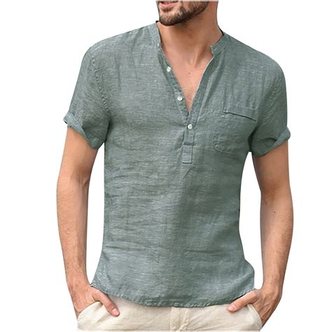 Men Short Sleeve Henley Shirt with Pocket Linen Button Up Stand Collar ...