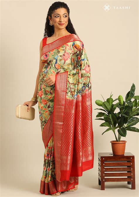 Buy Green Nature InspiRed Printed Silk Saree Online - Taashi