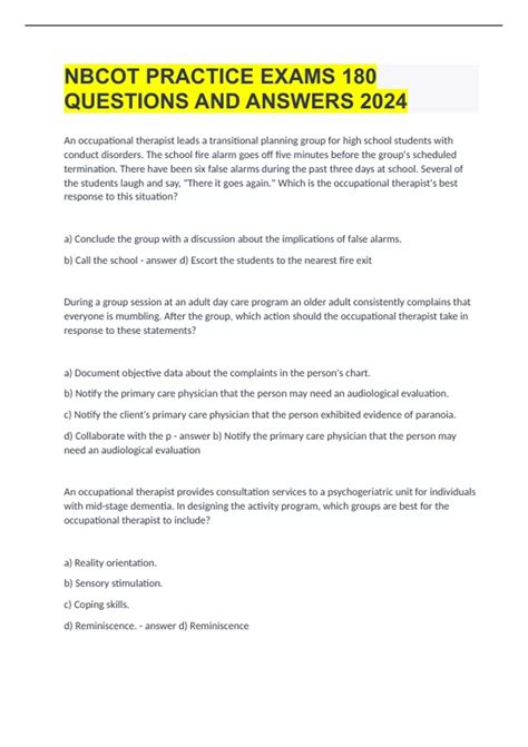 NBCOT PRACTICE EXAMS |180 QUESTIONS AND ANSWERS 2024 - NBCOT - Stuvia US