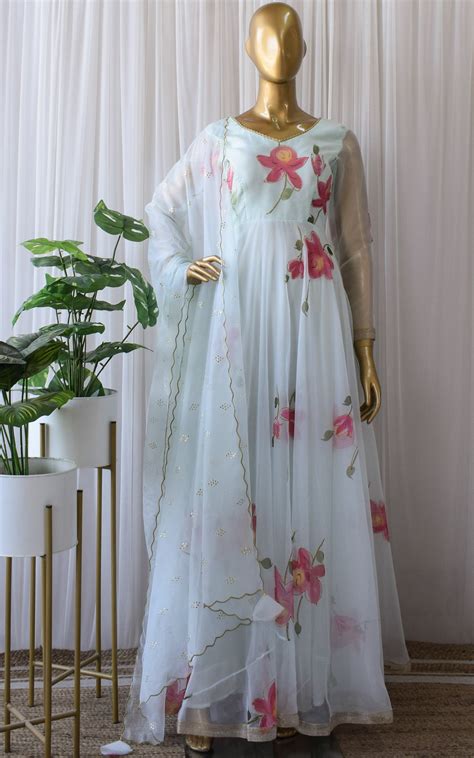 Sky Blue Hand Painted Organza Anarkali