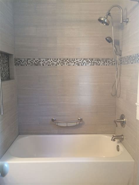 Tile tub surround. Gray tile around bathtub. Grey tile around bathtub ...