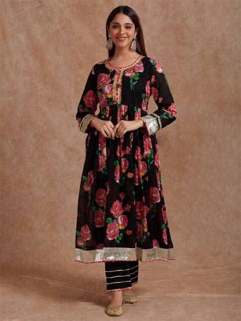 Black Pink Printed Mulmul Anarkali Kurta with Pants- Set of 2