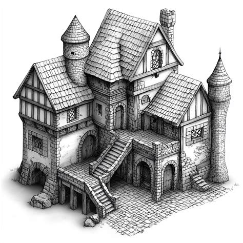 Front view building for a fantasy map black and white with white ...