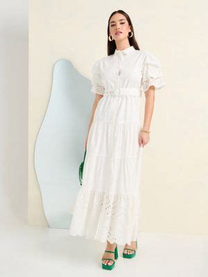 Buy Styli Womens White Cotton Schiffli Tiered Maxi Dress With Belt ...