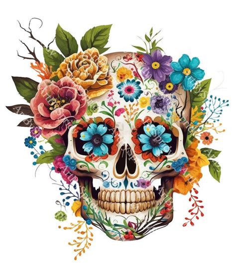 Colorful Sugar Skull With Flowers Clipart - Transparent PNG for ...