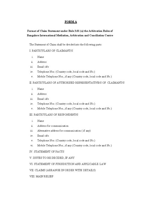 FORM A: Draft Claim Statement Format under Arbitration Rules - Studocu