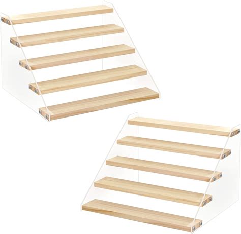 Amazon.com: Queekay 4 Pack Acrylic Wood Display Stand Wooden Tiered ...