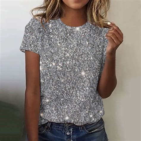 Summer Saving!YANHAIGONG Plus Size Sequin Tops,Plus Size Spring Glitter Tops,Women's Glitter ...