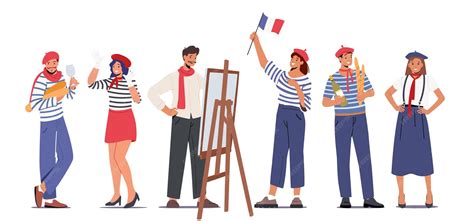 Set of typical french people mime painter woman in beret with flag man ...