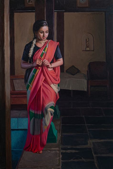 "Grishma": Red Figurative painting by Mahesh Soundatte – ArtZolo.com