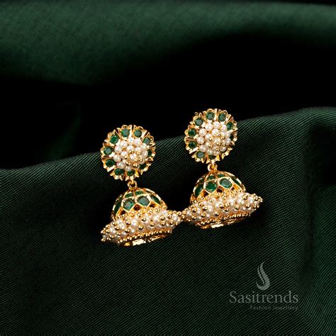 Micro Gold Plated AD Jhumka Earrings with Pearls - Sasitrends