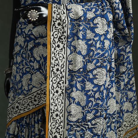 Blue Pure Mul Cotton Natural Dyed Hand Block Bagru Print Saree