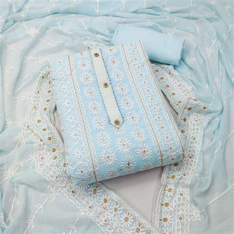 Light Blue Lucknowi Embroidered Georgette Dress Material
