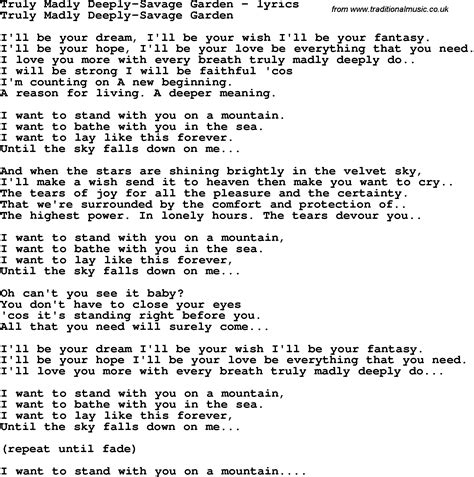 Love Song Lyrics for:Truly Madly Deeply-Savage Garden