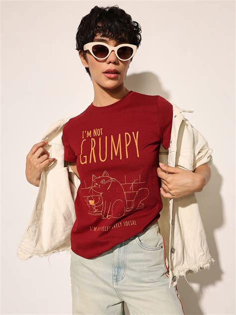 Maroon Printed Cotton T-shirt