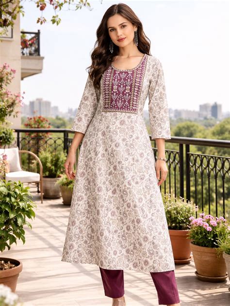 Plum Printed Cotton Kurta with Yoke Embroidery – Saffron Threads