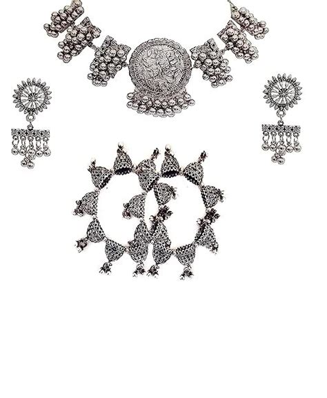 Buy PUJVI Meenakri Ghungroo Or 8 Cap Bracelet Oxidised Necklace set at ...