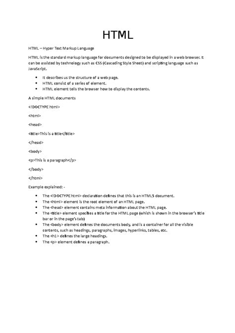 HTML by W3School - HTML HTML – Hyper Text Markup Language HTML is the ...
