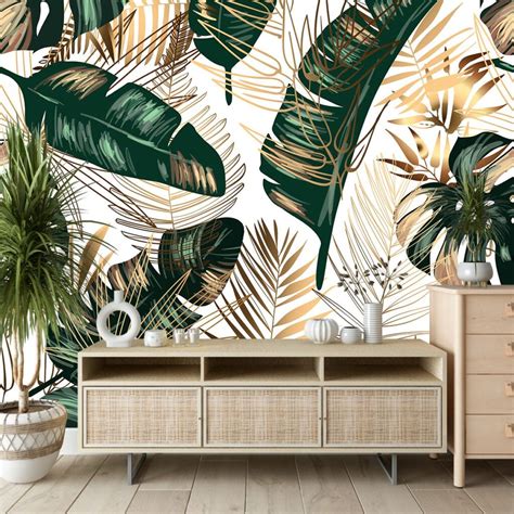 Pattern of Tropical Green and Golden Leaves Wallpaper - Magicdecor®