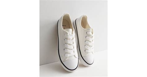 Wide Fit White Canvas Stripe Lace Up Trainers | New Look