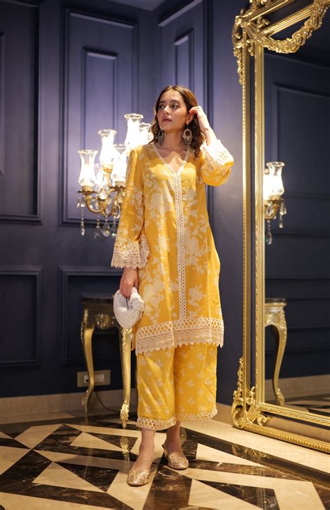 Floral Mustard Kurta Pants Set